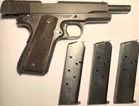 1943 Ithaca 1911A1 - Right Side - Action Open with 3 magazines.JPG