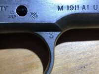 1943 Ithaca 1911A1 - Right Side frame proof markings -closeup.JPG