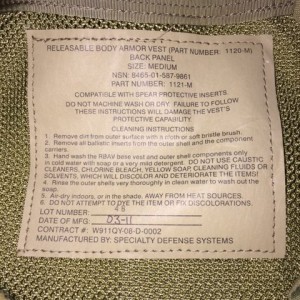Releaseable Body Armor Vest label