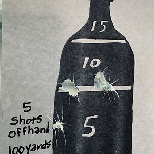 100 yard target , 5 shots off hand